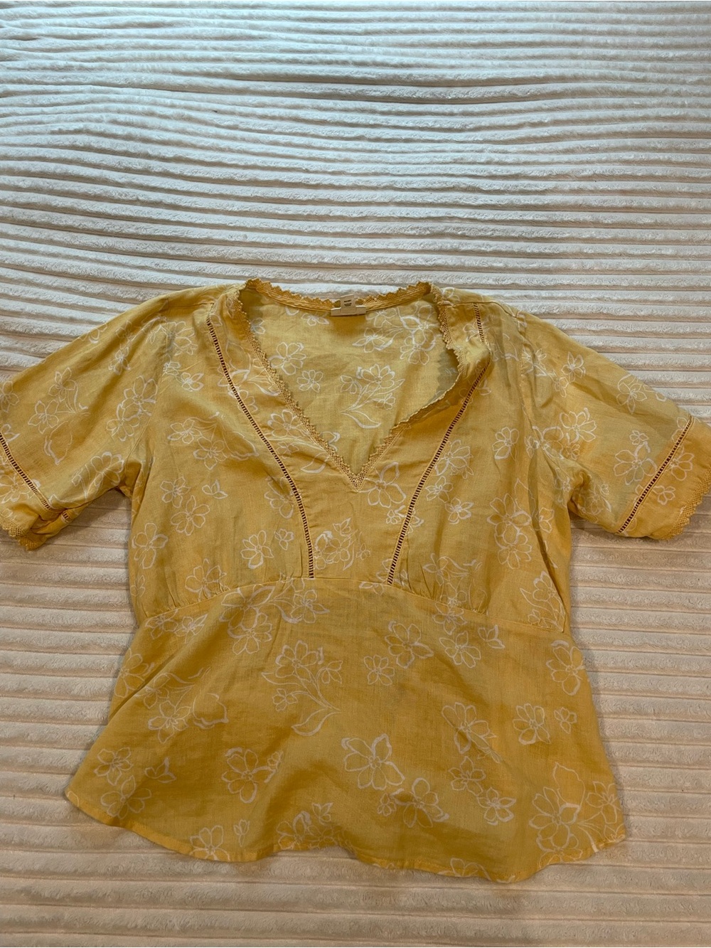 a.n.a Yellow Floral Lace Trim V-Neck Peasant Top